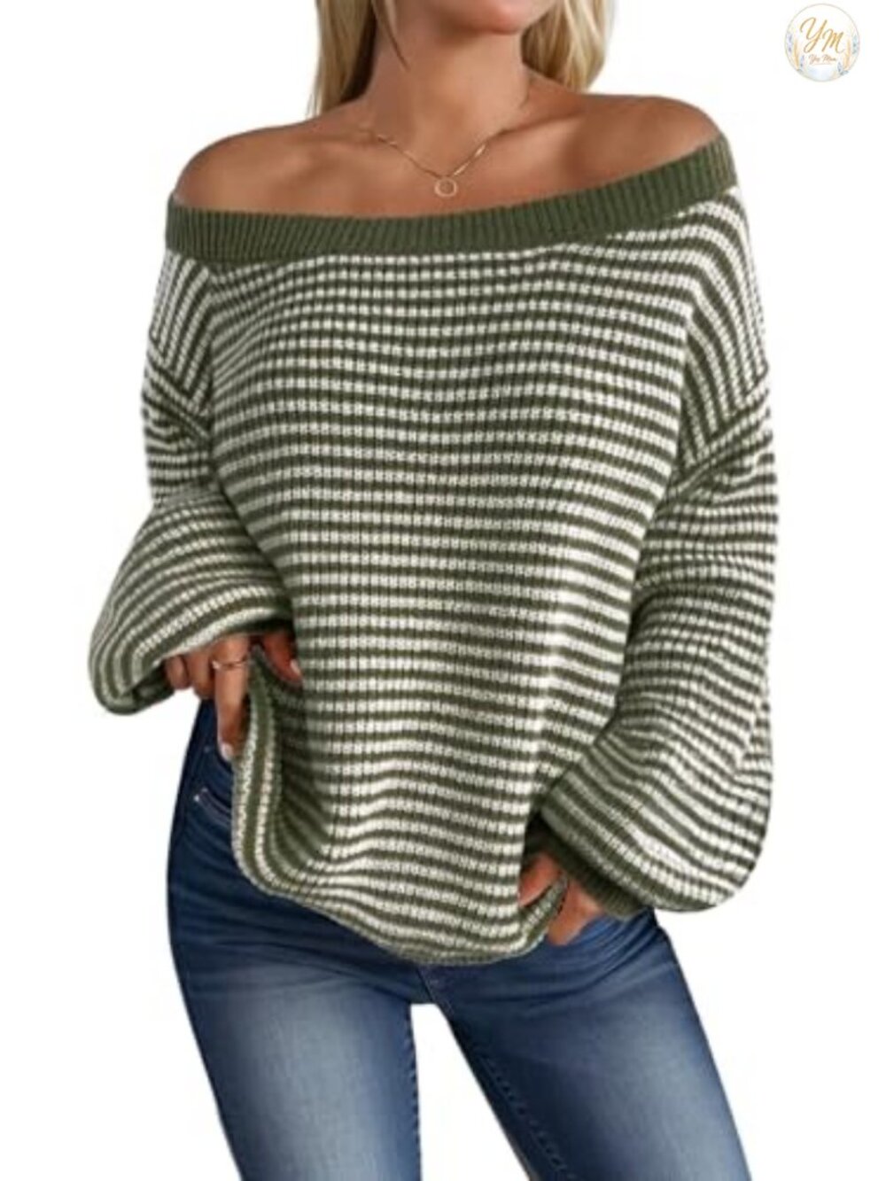 Women's Striped Off the Shoulder Oversized Knit Sweater Pullover
